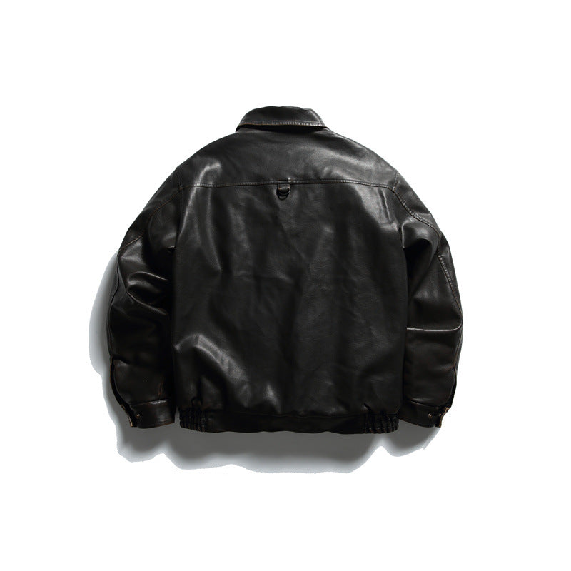Washed PU Leather Cotton Coat for Men, Casual Warm Winter Jacket